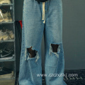 Washed Ripped Jeans Tie Loose Wide Leg Pants